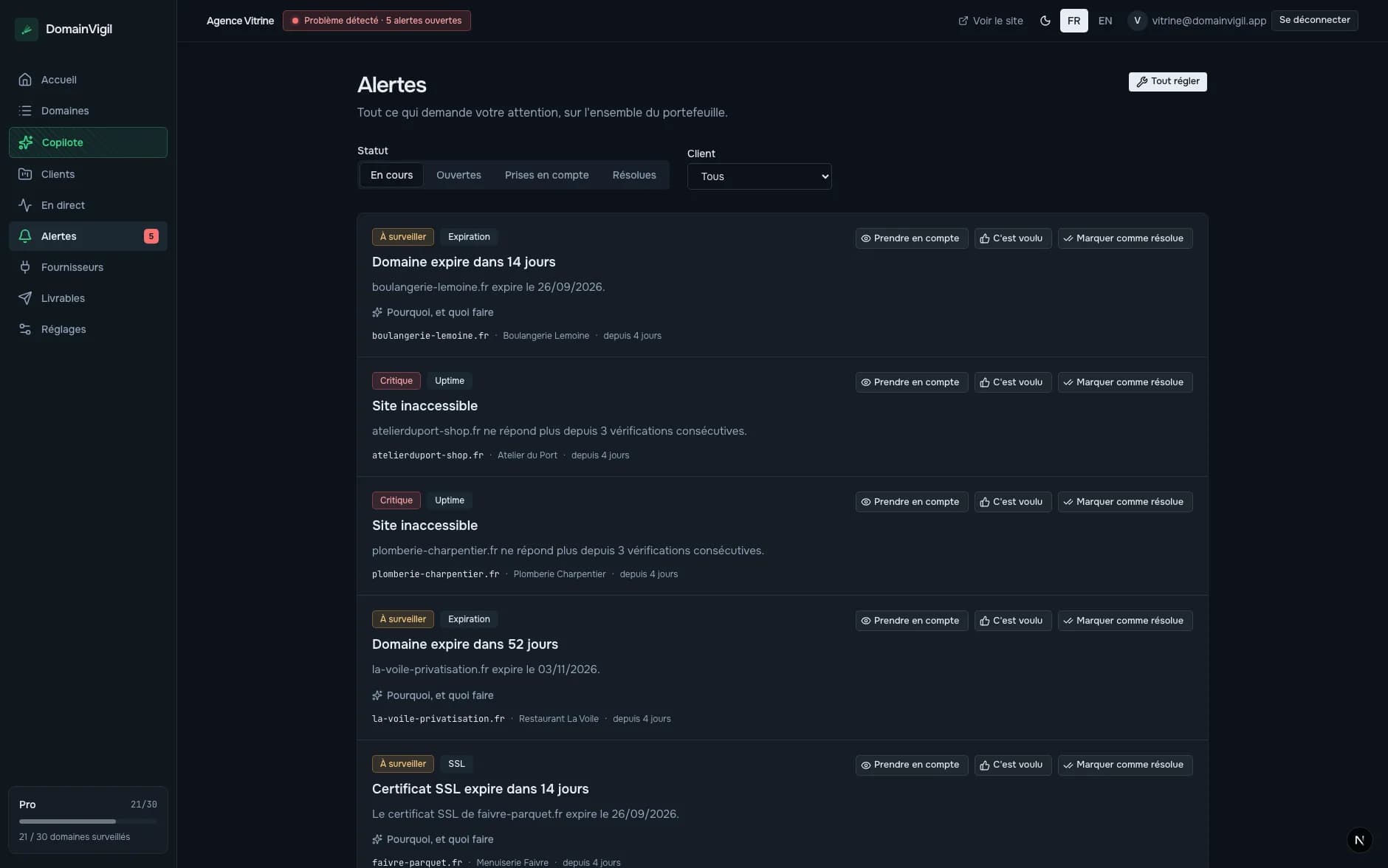 L'écran Alertes de DomainVigil : une alerte d'expiration, et le diagnostic du copilote avec la cause et trois pas à suivre.
