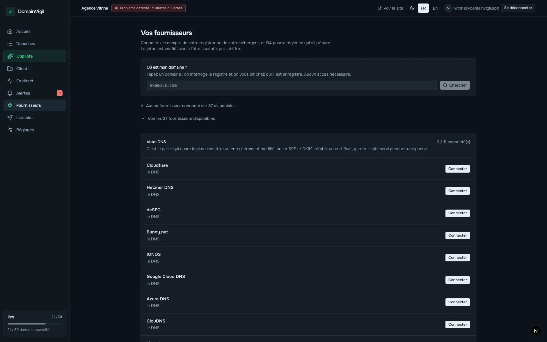 L'écran des fournisseurs de DomainVigil, avec les connexions DNS, registrar et hébergeur.