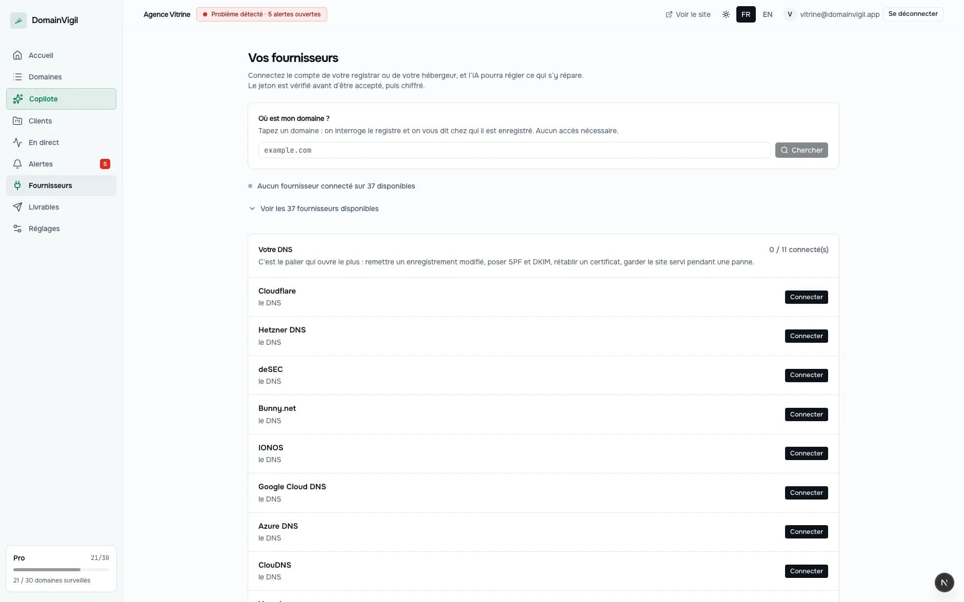 L'écran des fournisseurs de DomainVigil, avec les connexions DNS, registrar et hébergeur.